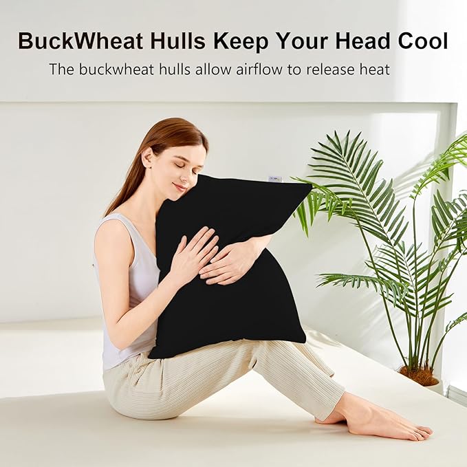 Organic Buckwheat Pillow for Sleeping with Dual-Layer Pillowcase and Extra Tartary Buckwheat Hulls, Adjust Height and Firmness, Neck Support Pillow for Back and Side Sleepers 20"x26", Black