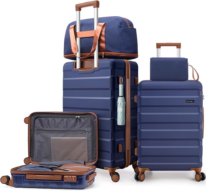 Hoteel Luggage Sets 5 Piece, 4-Year Warranty, Carry-On Luggage with Dual-Spinner Wheels, ABS Hard Shell Suitcase with TSA Locks, Lightweight Luggages for Travel, Dark Blue(20IN/24IN/28IN/DB/TB)