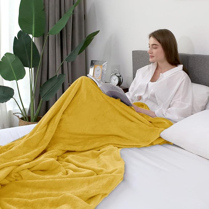 Hansleep Fleece Yellow Queen Blanket, Super Soft Flannel Fuzzy Plush Cozy Blanket for All Seasons, Yellow, Queen 90x90 Inches