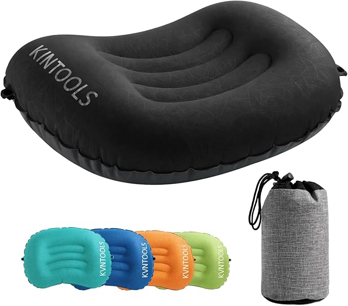 Camping Pillow-Compressible, Ultralight Inflatable,Compact, Comfortable, Ergonomic Inflating Pillows for Neck & Lumbar Support While Camp, Hiking(Black,with Anti Slip Straps)