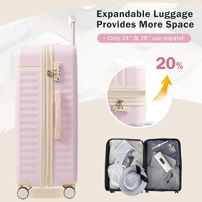 Merax Luggage Sets 2 Piece Front Opening, Hardside Lightweight Carry on Suitcase with USB Port,Durable Expandable Luggage with Bags Spinner Wheels and TSA Lock,Pink