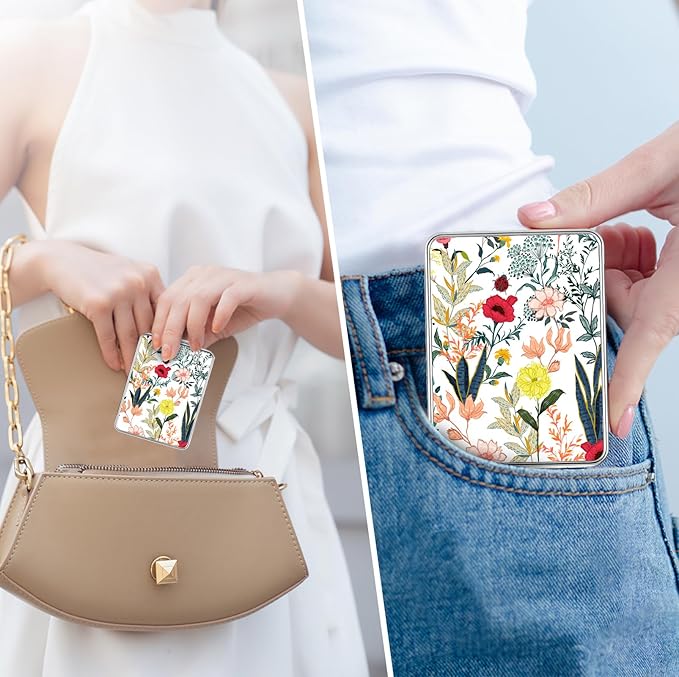 Pocket Mirror, Small Travel Mirror with Magnification, Portable Double-Sided Magnifying Cosmetic Mirror for Daily (White + Black Flowers)