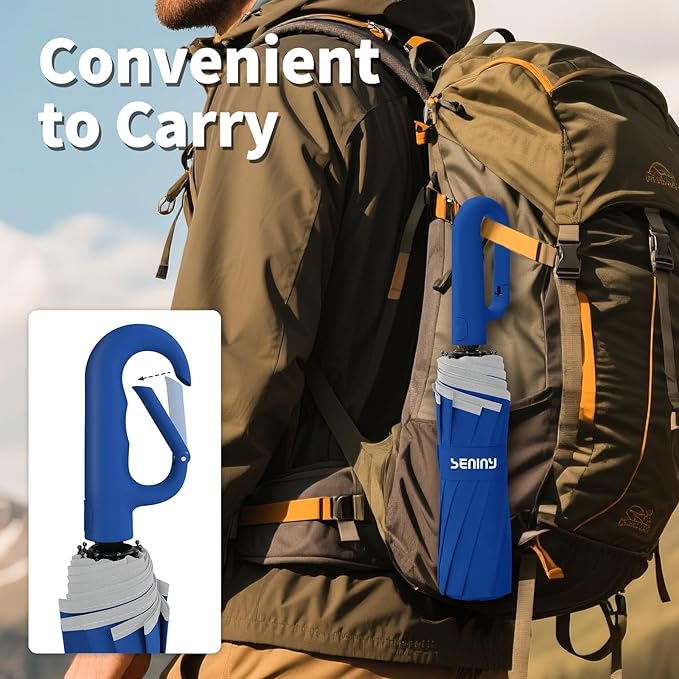 Seniny Travel Umbrella with Carabiner Handle, Windproof Large Umbrellas for Rain with Dual-Rib Structure, Portable Compact Umbrella with Reflective Strip, Car Backpack UV Umbrellas for Sun Protection