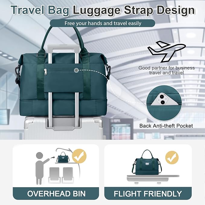 Weekender Bags for Women, Travel Duffel Bags with Shoe Compartment & Wet Pocket,Personal Item Travel Bag for Airlines,Carry on Overnight Tote Bag for women,3Pcs Set，Peacock Blue