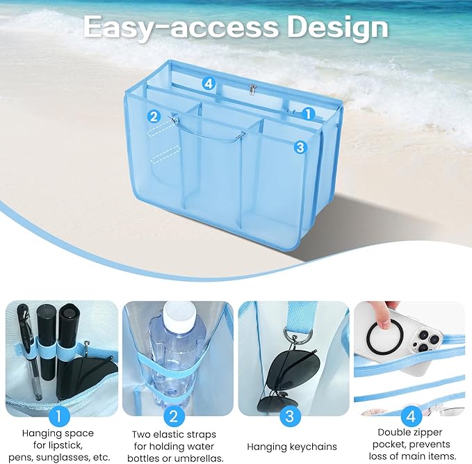 XYFuuee Beach Bag Organizer Inserts for Original Large Bogg Bag Accessories with 8 Removable Metal Fasteners, Lightweight Mesh Insert Divider Pouch, Organizing Rubber Tote, Save Space, Blue XL
