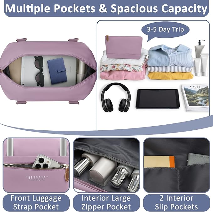 Travel Duffle Bag for Women, Weekender Bags, Hospital Bag for Labor Delivery, Lightweight Tote Duffel Overnight Bag with Luggage Sleeve,Airplane Travel Bags (Purple, Large)