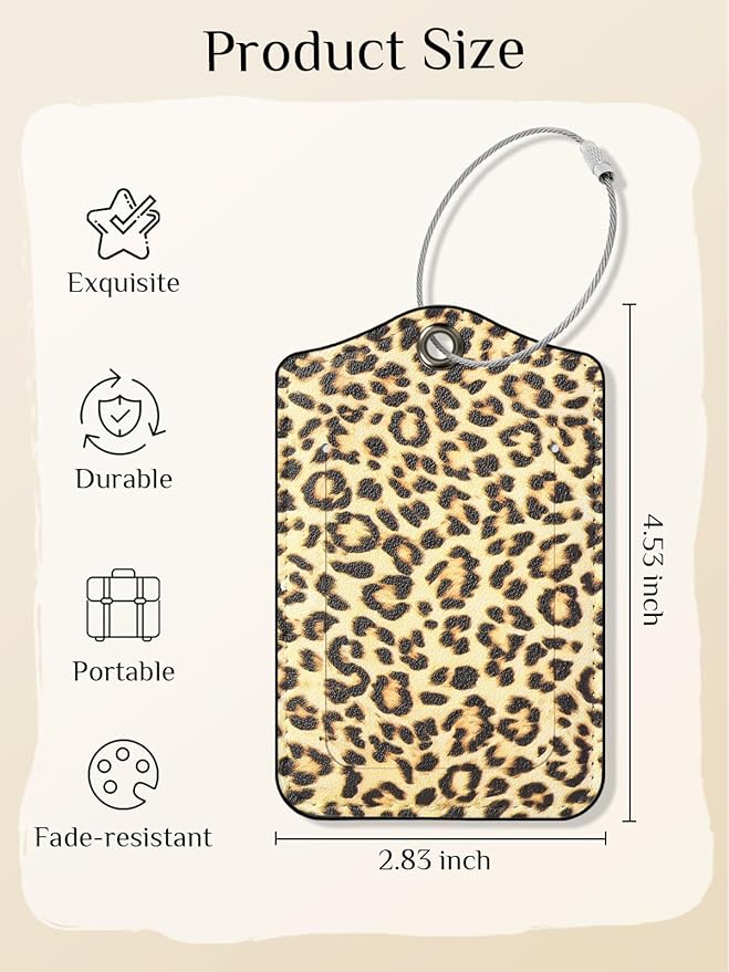 Seorsok 2 PCS Luggage Travel Tags for Suitcases,Cute Gold Leopard PU Leather Name Tag with Privacy Cover&ID Label Address Card and Durable Metal Ring Suitable for Men Women Handbags Backpack,Golden
