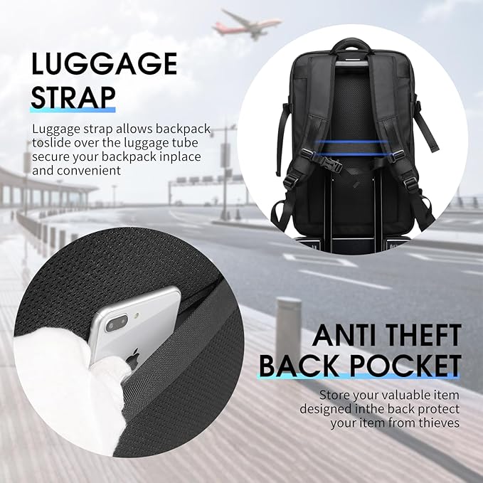 TANGCORLE Travel Carry on Backpack Expandable Flight Approved Backpacks 17.3 inch Laptop Business Back Pack for Women Men,Black-30l(no Expansion) /Non-vacuum