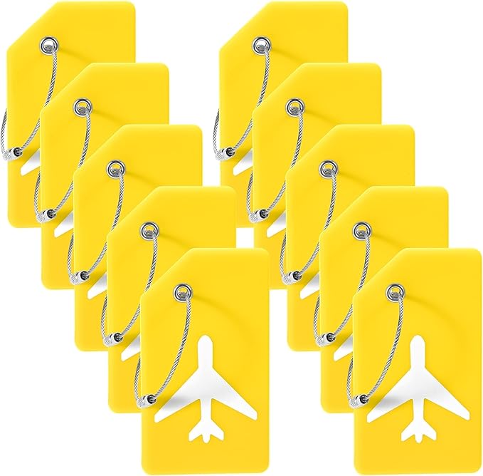 10 Pack Silicone Luggage Tag for Suitcases with Stainless Loop, TSA Approved, Privacy Protection Travel Essentials Bag Tags by Gostwo, Yellow