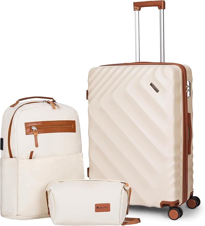 3 piece Luggage Set Expandable Suitcase 22x14x9 Airline Approved Carry on, ABS Hard Case Suitcases with Spinner Wheels,TSA Lock, (Beige, 3 Piece Sets(20/BP/TB))