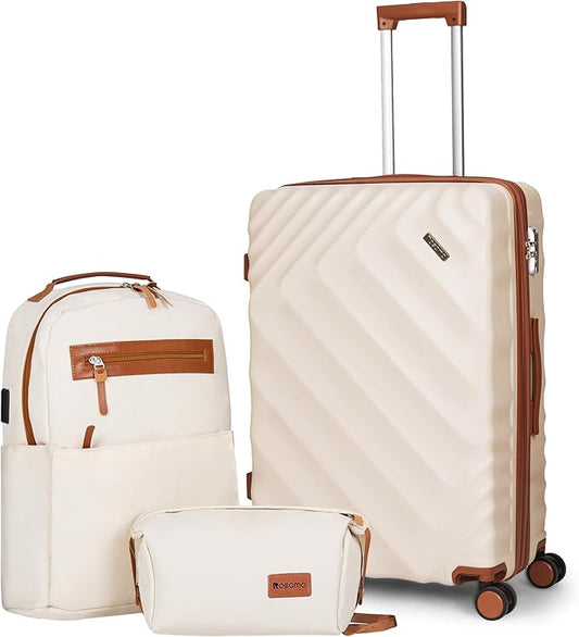 3 piece Luggage Set Expandable Suitcase 22x14x9 Airline Approved Carry on, ABS Hard Case Suitcases with Spinner Wheels,TSA Lock, (Beige, 3 Piece Sets(20/BP/TB))