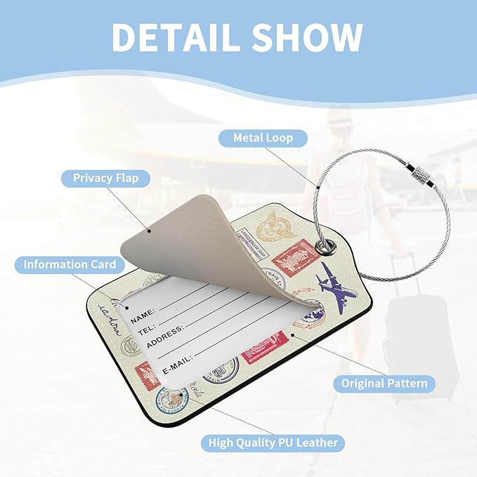 2 Pcs Luggage Tag for Suitcases, Travel Stamp Cute PU Leather Suitcase Tag Privacy Cover ID Label with Metal Loop, Personalized Baggage Identifier for Women Cruise Bag Travel Essentials