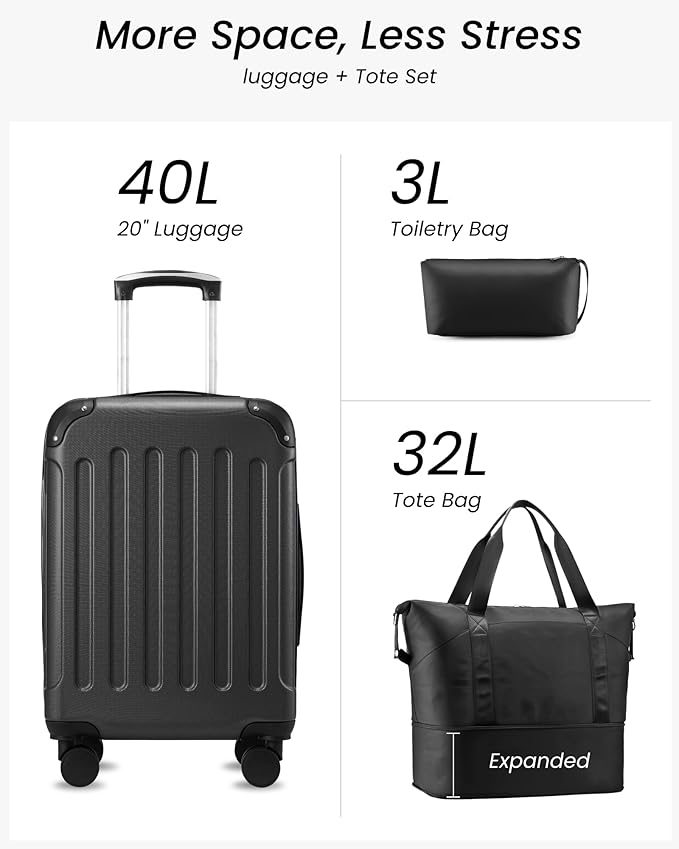 Carry On Luggage 22x14x9 Airline Approved, Hardside Suitcase with Wheels, TSA Approved, Tote Bag, White Brown