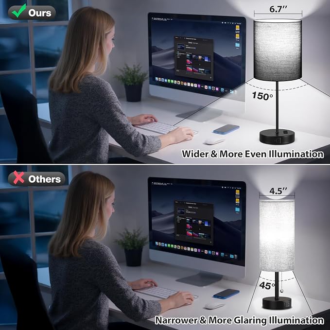 17.6" Black Touch Lamps for Bedroom Set of 2 - Dimmable, USB C+A, AC Outlet | Large 17.6" Tall Lamp, 3-Way Dimming, 5000K Daylight Bulbs, Black Lampshade Black Base, for Living Room, Boys, Men, Girls