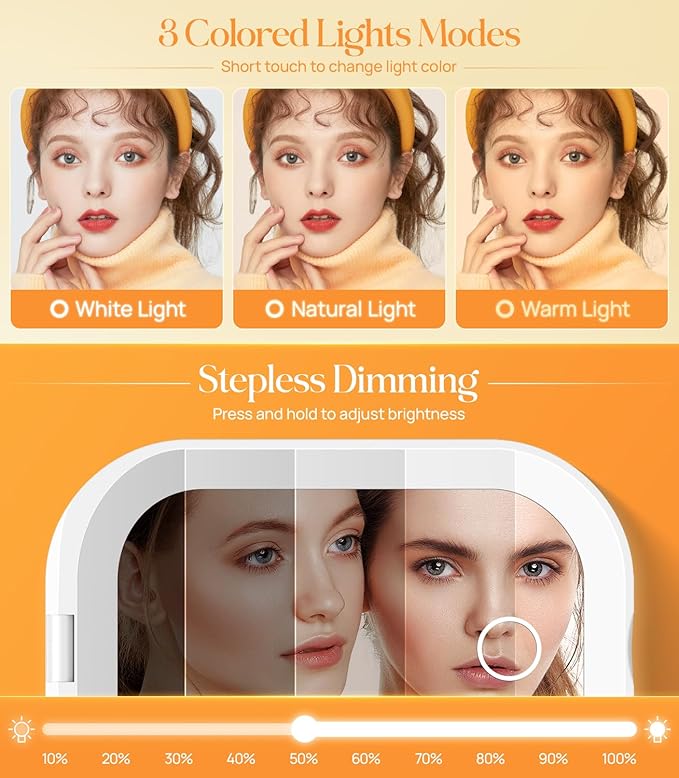 Gospire Lighted Travel Makeup Mirror with Light and Magnification 1X/3X, Stepless Dimming and Three-Color Adjustable Lights, Rechargeable Battery and Compact Size for Purse and Portable Use - White