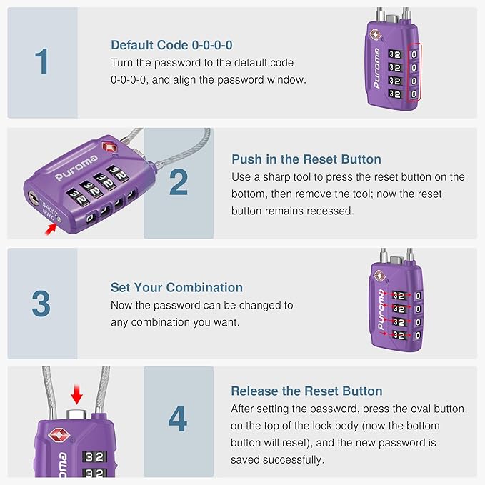 Puroma 2 Pack TSA Approved Luggage Locks, 4 Digit Combination Travel Cable Locks Resettable Code Lock with Zinc Alloy Body for Suitcase, Toolbox, Backpack, Bag, Gym Locker (Basic Purple Dark)