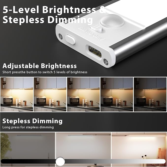 DAYBETTER 12inch Under Cabinet Lighting,4 Pack Motion Sensor Light Indoor | Rechargeable LED Light,3 Color Temps,5 Levels Dimmable,Magnetic Closet Light,Wireless Under Counter Lights for Kitchen,Stairs