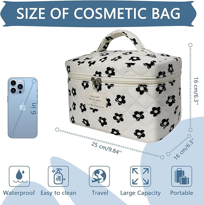 Large Makeup Bag, Cute Cosmetic Bag for Women Girls, Floral Coquette Aesthetic Toiletry Bag, Travel Make Up Organizer Bag (Black Flower)
