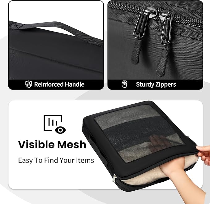 Mesh Packing Cubes for Travel, Durable Luggage Organizer with Sturdy Material and Double Zippers, Comprehensive Set for Travel Accessories Storage, 10 set, black