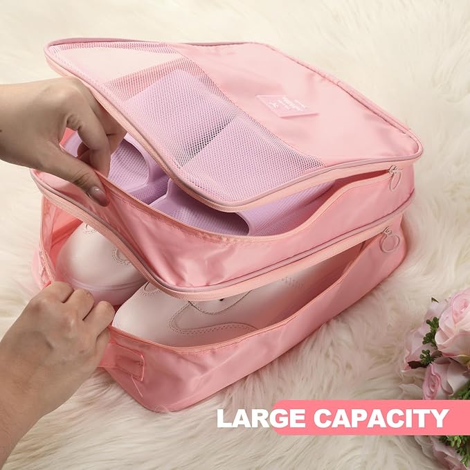 Windyun 2 Pcs Shoe Bags for Travel Holds 3 Pair of Shoes Travel Shoe Bag for Packing Portable Shoe Cubes for Travel and Daily Use(Pink, Beige)