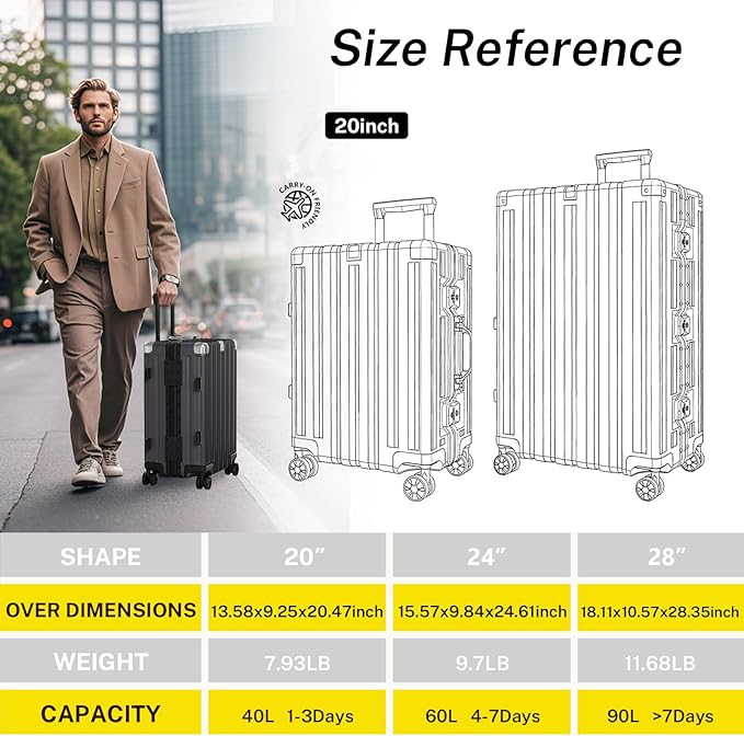 Krute No Zipper Luggage Set 2 Pieces Aluminum Frame Suitcase Sets Polycarbonate Hard Shell Luggage TSA Lock Checked Suitcase with Spinner Wheels