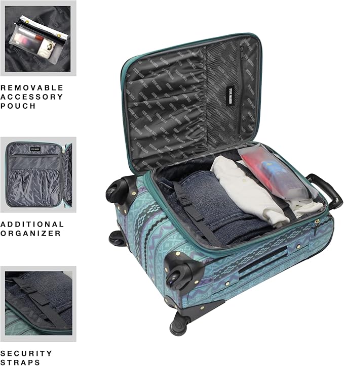 Steve Madden Designer-Gepckkollektion Leichter Softside-Koffer fr Damen und Herren strapazierfhige 50,8 cm groe Tragetasche mit 4 rollenden Spinner-Rdern, Legends Turquoise, 20in, Carry on Bag With