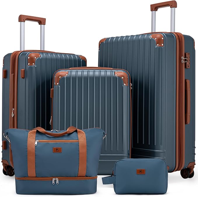 KUNEL Expandable 5 Piece Luggage Sets with Detachable Spinner Wheels and TSA Lock, Unisex Hardside ABS Suitcase Set, Hardshell Lightweight Waterproof Travel Hard Case Suitcases with Wheels, Iceblue