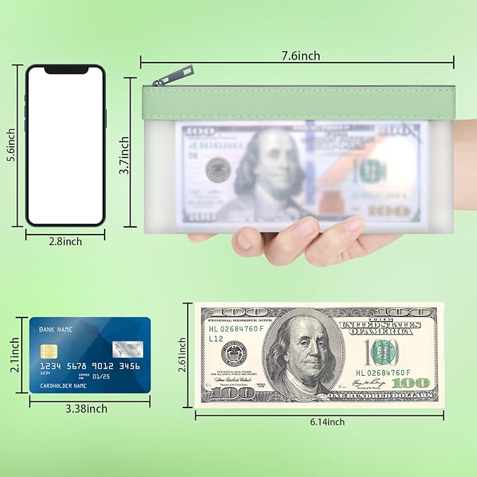 4 Pieces Money Bags With Zipper, Cash Envelopes,7.6 x 3.7 inch Money Pouch, Clear Bank Deposit Bags, Bank Bag, Cash Bag, Money Pouch for Collectors, Multi-Purpose Check Wallet （Green）