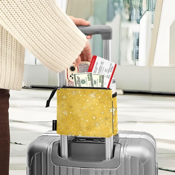 Luggage Cup Holder for Suitcases Free Hands Travel Cup Holder Portable Suitcase Cup Drink Holder Luggage Cup Caddy Bag Carrier Cute Golden Stars and Dots
