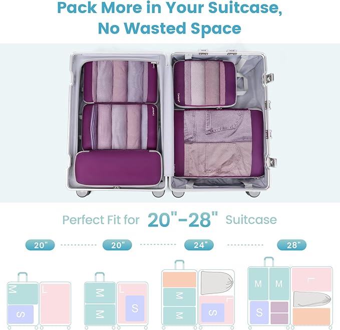 Cambond See Through Mesh Compression Packing Cubes - 5 Piece Expandable Space Saving Packing Cubes for Travel with Underwear Bag, Lightweight Luggage Packing Organizers for Suitcases, Purple