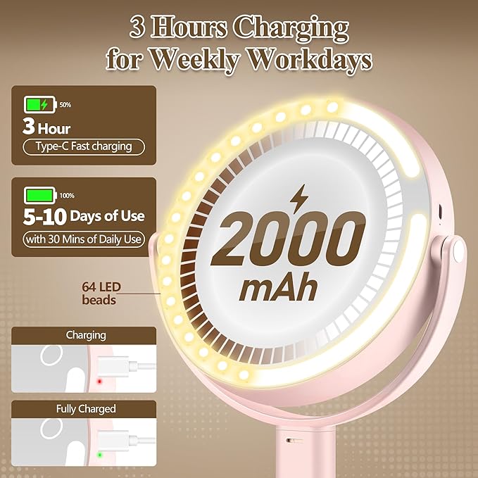 MOMOKUBA Makeup Mirror with Lights, Double Sided 1x/30x Magnifying Mirror with Light, Rechargeable 3 Color Lights and Adjustable Brightness, 360° Rotation Detachable Comes with Tweezer(Blush-30X)