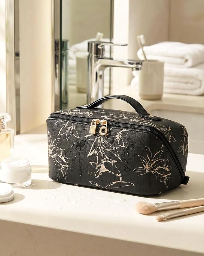 EACHY Travel Makeup Bag, Large Capacity Cosmetic Bags for Women, Waterproof Portable Pouch Open Flat Toiletry Bag Pattern Make up Bag (F-Black)