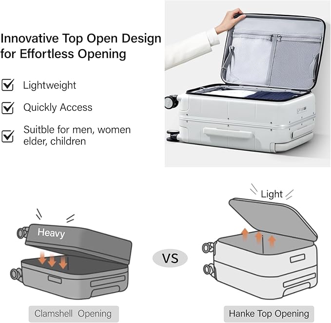 Hanke Top Opening Carry On Luggage, 20 Inch All-PC Aluminum Frame Wide Handle Luggage, Hard Shell Trunk Suitcase with Spinner Wheels, TSA Airline Approved (Smoke White, 40L)