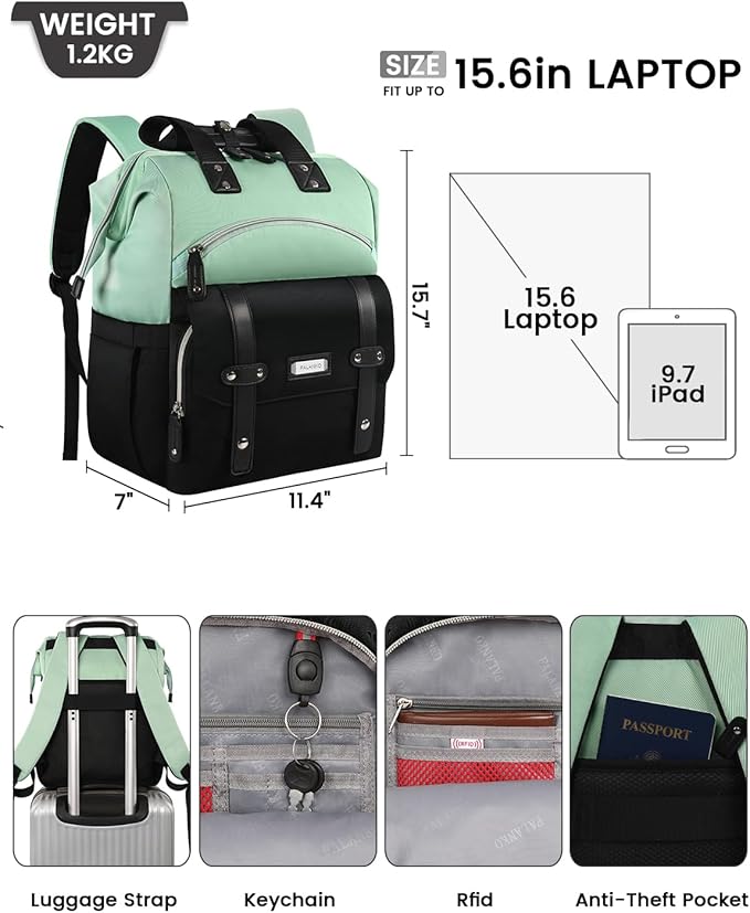 FALANKO Laptop Backpack for Women,College Work Teacher backpack for 15.6 Inch laptop,Travel Anti Theft Laptops Backpack RFID, Shoulder Purse Bags Green Black