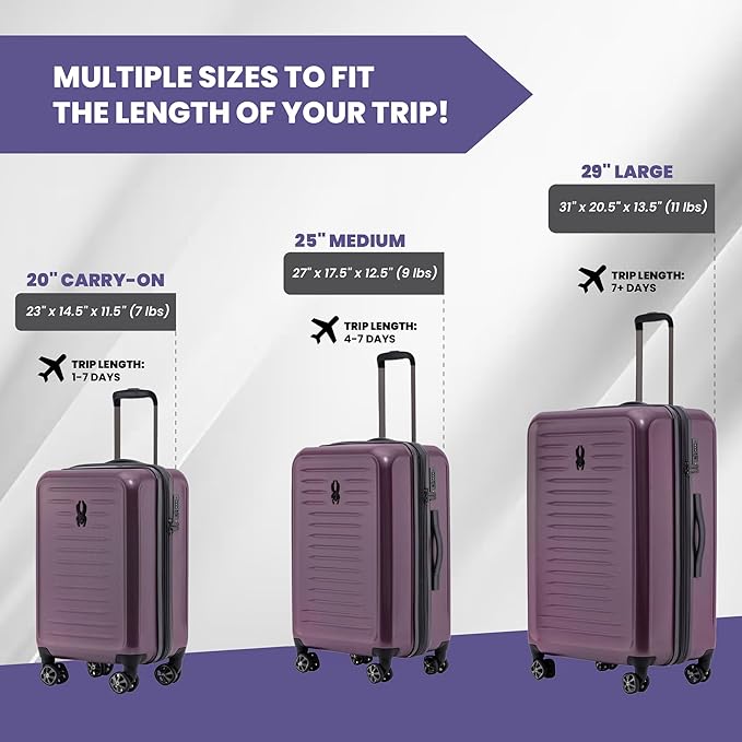 Spyder Rails 3 Piece Luggage Set with 360° Spinner Wheels, TSA Approved Lock (20 Inch Carry-On, 25 Inch Checked, 29 Inch Checked)