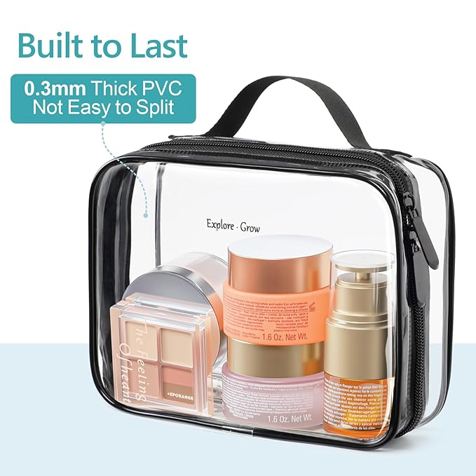 PACKISM Clear Makeup Bag Combo Pack, 1 TSA Approved Medium & Large for Checked Luggage, Clear Toiletry Bag with Handle, Water-resistant Travel Essentials Organizer, Elegant Black