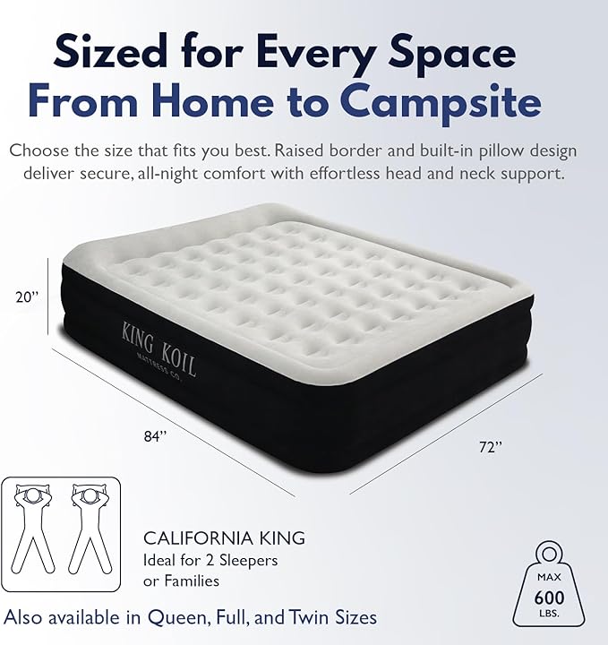 King Koil Luxury California King Size Air Mattress with Built-in High-Speed Pump Best for Home, Camping & Guests, 20" Double High Airbed Adjustable Blow Up Mattress, Waterproof, 1-Year Warranty