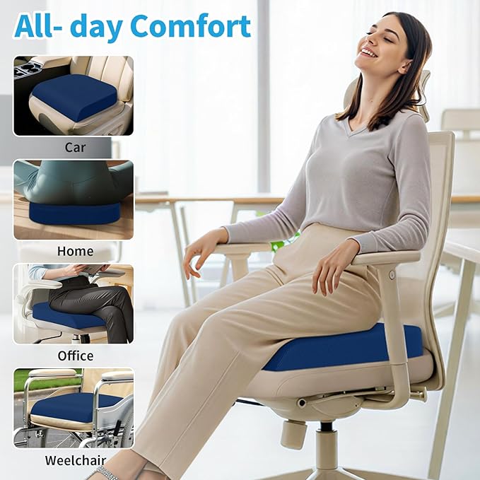 XLarge Seat Cushion, Memory Foam Cushion for Long Sitting Hours on Office Chair, Home & Car, Non-Slip Chair Pad for Relieving Back & Sciatica & Hip & Coccyx Pain (Blue)