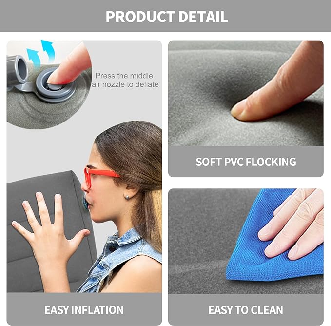 Inflatable Wedge Pillow for Travel and Home, Portable Bed Wedge for Back Support and Leg Elevation, Lightweight Triangle Pillow for Sleeping, Reading, and Camping, 22.4x22.83x7.48 Inches, Gray