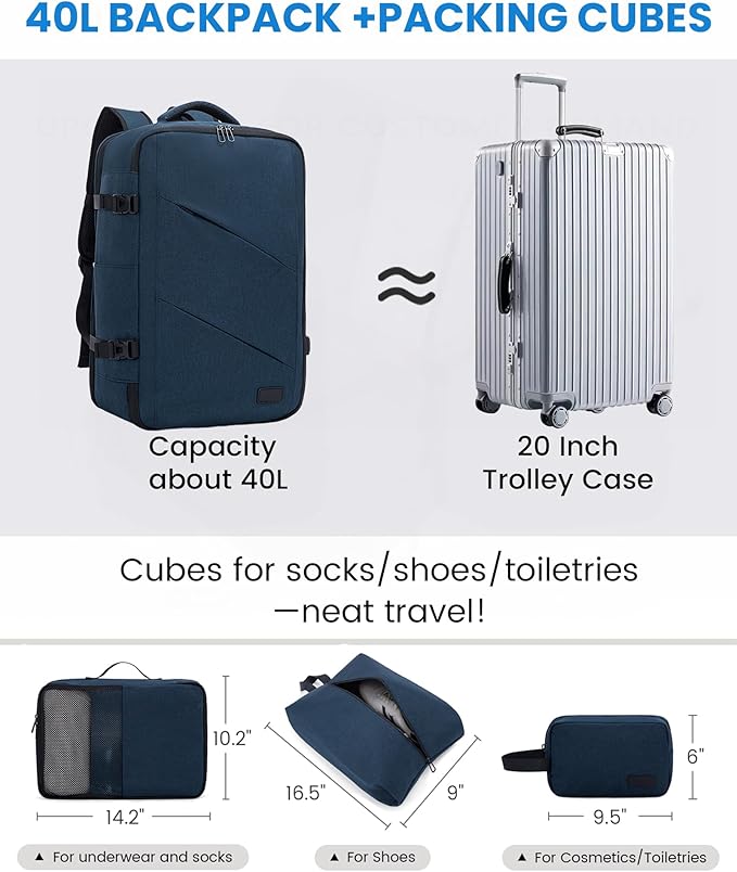 LOVEVOOK Travel Backpack, 40L Extra Large Carry on Backpack, Peersonal Item Bag Flight Approved, Anti-Theft Water Resistant 17 Inch Weekender Backpack for Men Women, with USB Port, Navy Blue