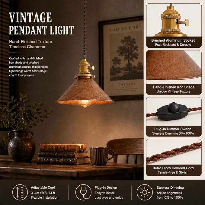 Plug in Pendant Light 8.2 Inch Rusted Copper Shade Vintage Industrial Design On/Off Switch 13Ft Adjustable Cord Hanging Lamp Plug in for Living Room,Bedroom Hanging Light 2 Pack