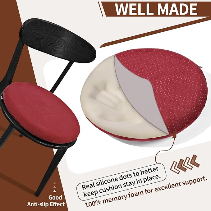 BUYUE Memory Foam Seat Cushion, Dia 16.5" Soft Velvet Round Stool Cushion Anti-Slip Chair Pads, L, Red