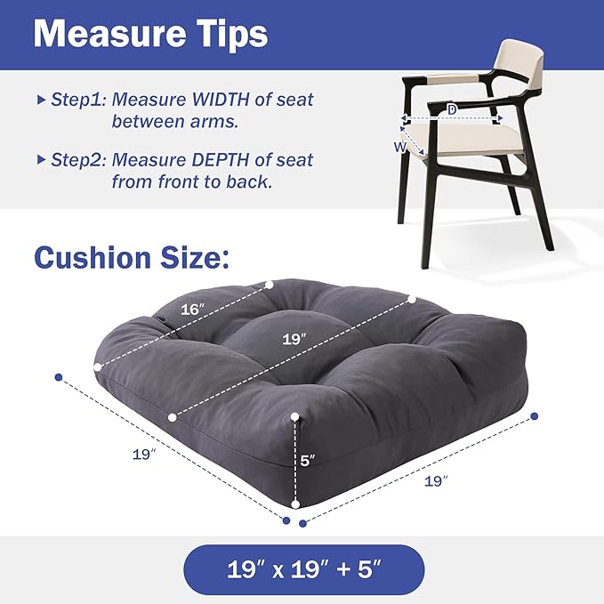 Outdoor Chair Cushions Set of 2, Patio Chair Cushions with Ties,19x19+5” Tufted Outdoor Seat Cushions, Waterproof Patio Furniture Cushions, Outdoor Dining Chair Pads, Dark Grey