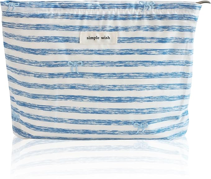 Wudygirl Cute Makeup Bag for Women - Travel Cosmetic Bag with Zipper Makeup Pouch Floral Make up Organizer Handbag Aesthetic (Striped Bow)