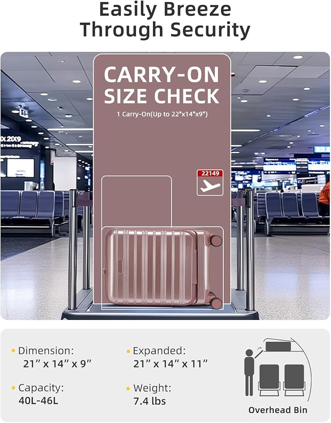LARVENDER Carry On Luggage 22x14x9 Airline Approved, 20 Inch Expandable PC+ABS Hardside Carry On Luggage with Front Pocket Spinner Wheels TSA Lock for Women Men (Rose Gold)