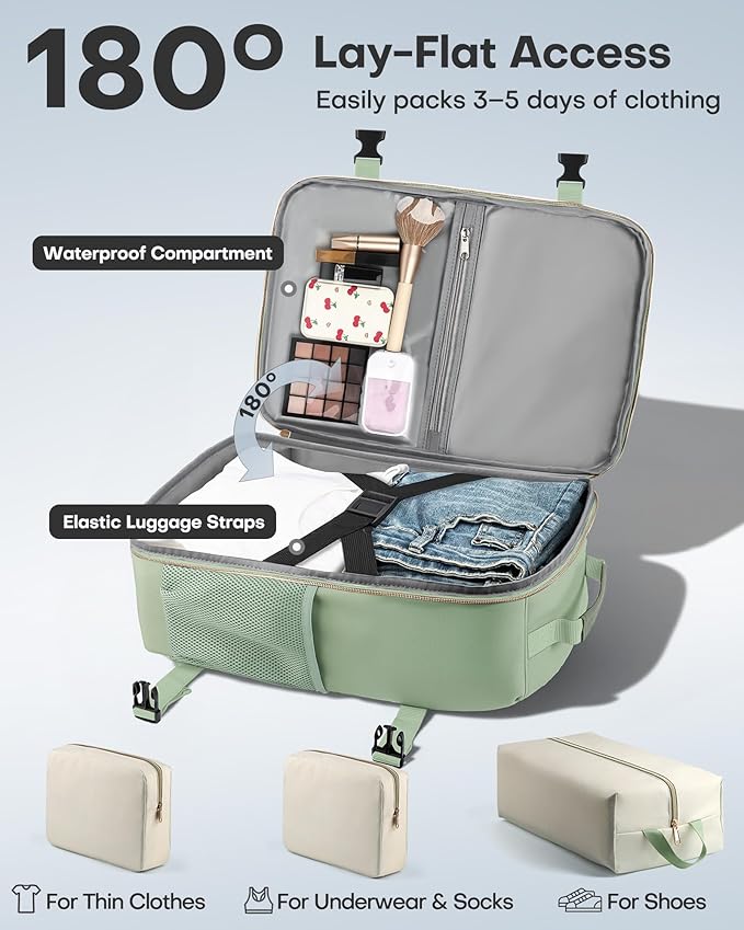 HOTOR Travel Backpack for Women – TSA-Friendly Travel Bag with Multiple Compartments & 3 Packing Cubes, Water-Resistant & Comfortable, Perfect for Travel Essentials, Green, 17.3" x 13.0" x 7.9"