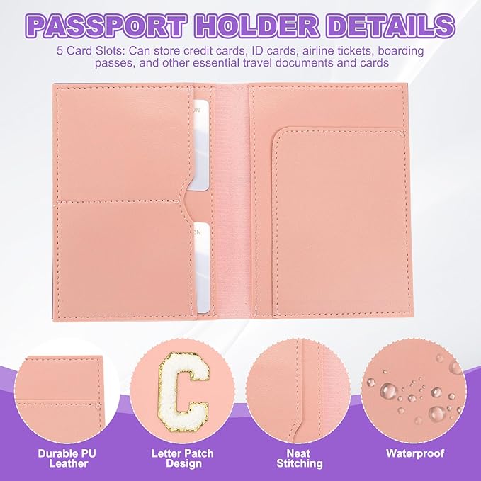PATIKIL Passport Holder for Travel, Initial Passport Cover and Luggage Tag Set with Alphabet Chenille Letter Patch Travel Wallet Bag Suitcase Identifier for Women Family Travel Pink C