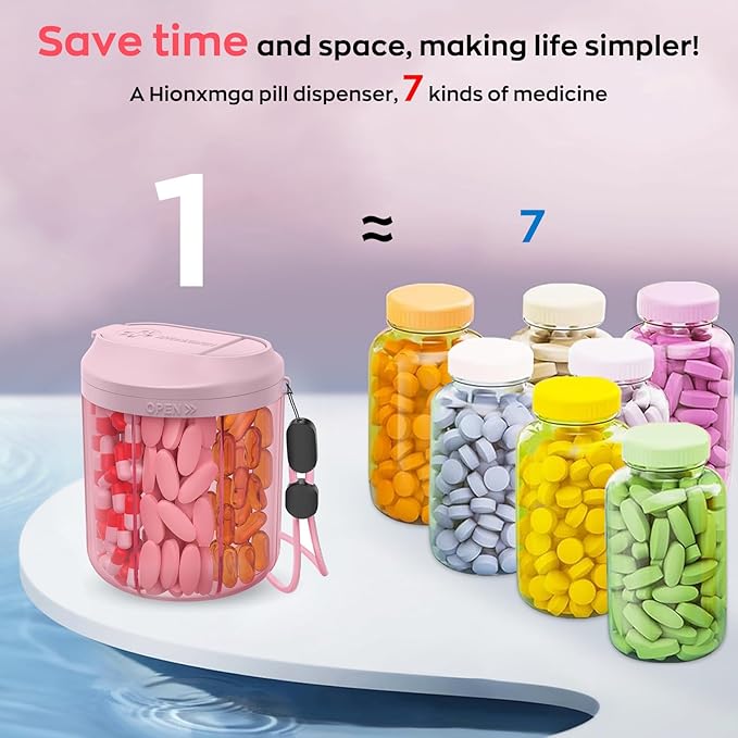 Pill Dispenser with 7 Large Compartments, Pill Bottle Organizer for Travel, Supplement Organizer with Anti-Mixing Design, Pink