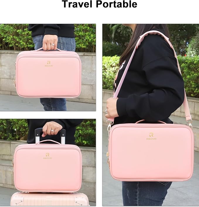 Relavel Travel Makeup Bag With LED Mirror, Portable Cosmetic Bag Organizer with Adjustable Brightness in 3 Color Scenarios, Professional Large Cosmetic Train Case with Shoulder Strap - Pink