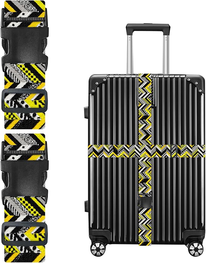 Nuxovilar Luggage Straps Yellow Black Chevron & Leopard Polyester 1.96x90.5inch 2 Set Suitcase Cargo Strap Travel Essential Business Trip Train Station Weekend Getaway